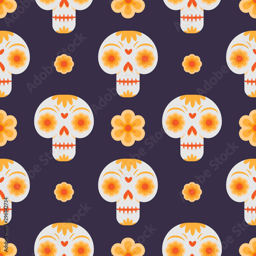 Day of the dead seamless pattern with skulls and flowers.