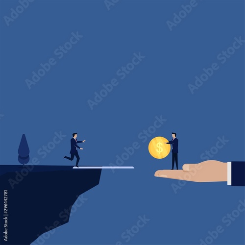 Business flat vector concept businessman run to coin on edge of cliff metaphor of cheat and trap.