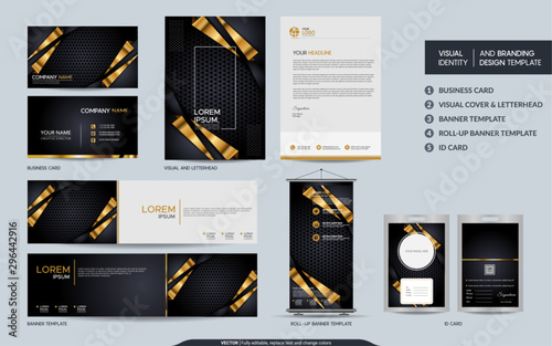 Luxury black gold stationery mock up set and visual brand identity with abstract overlap layers background.