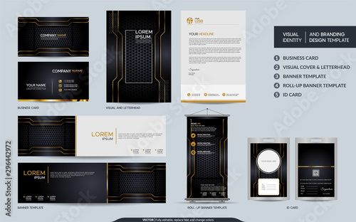 Luxury black gold stationery mock up set and visual brand identity with abstract overlap layers background.