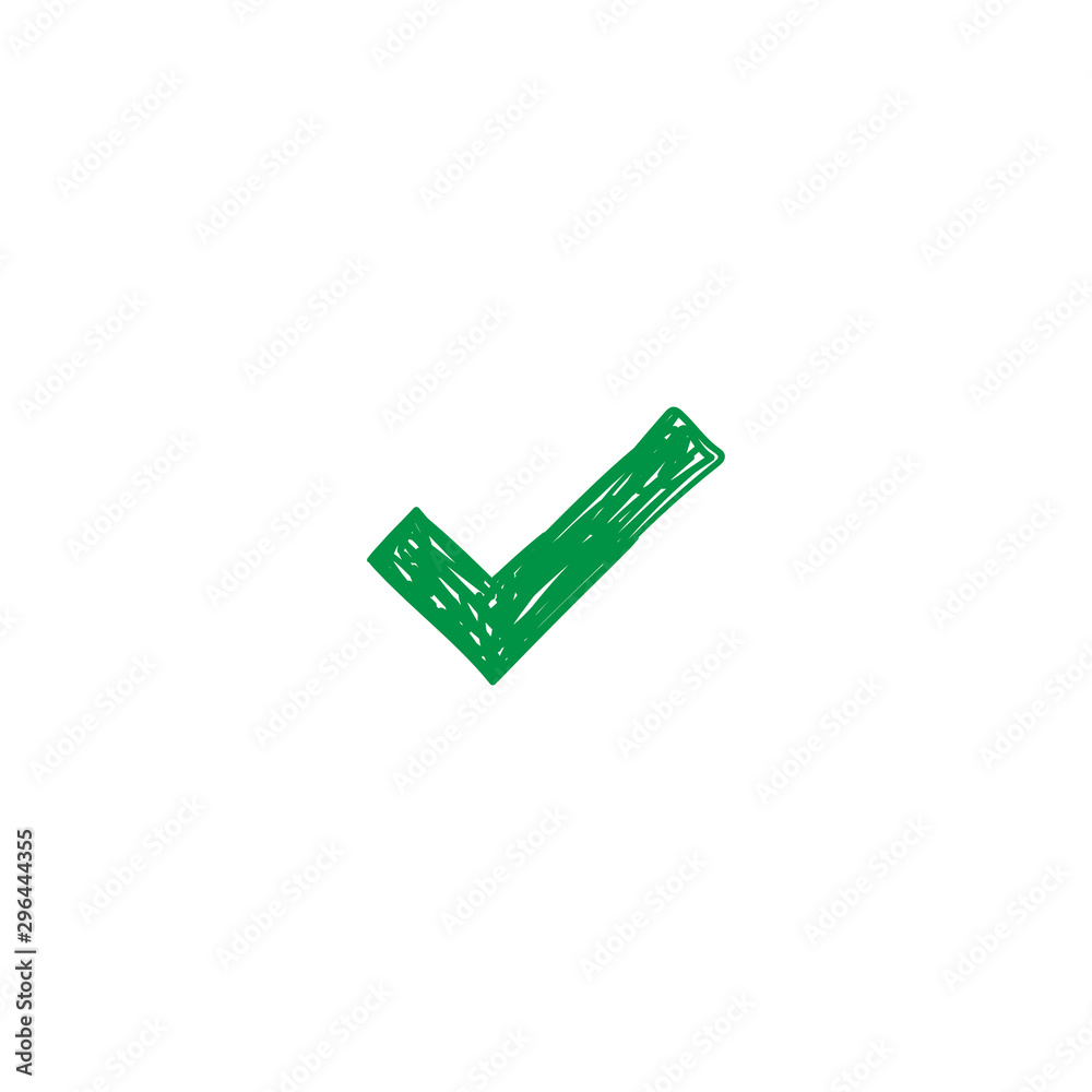 Green tick. Doodle checkmark vector. Hand drawn icon.