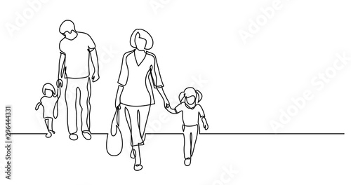 continuous line drawing of family of four walking on street holding hands