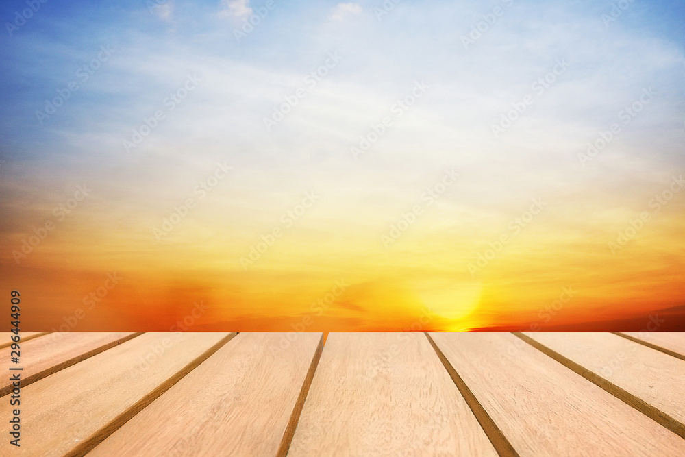 Wooden table for your texture and Sunset sky background montage