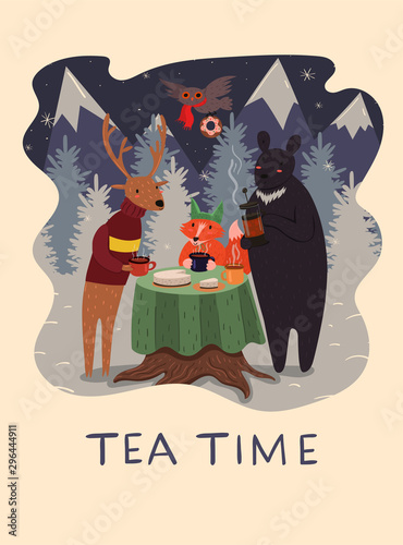 Animal tea party in the winter forest