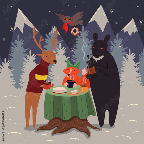 Animal tea party in the winter forest