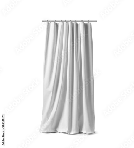 One white curtain hanging on the rail Isolated on a white background, front view. Photo ready for mock up. © Vera