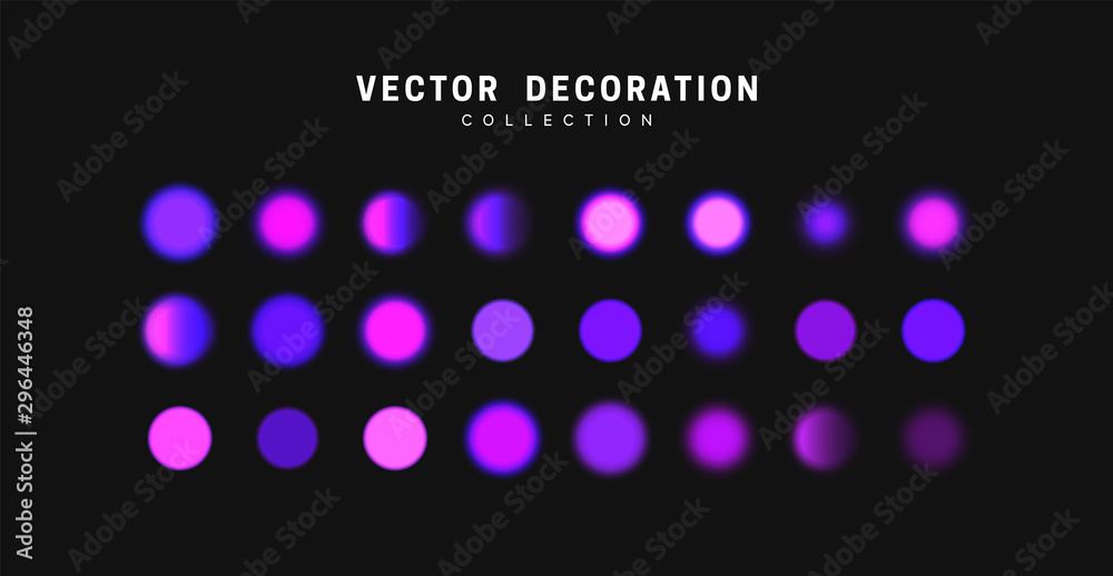Glowing Violet bokeh lights. Sparkles vibrant blurry round dots glow texture. Set of design elements.