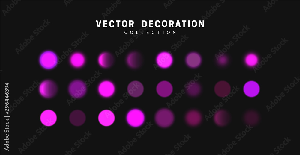 Glowing lilac bokeh lights. Sparkles vibrant blurry round dots glow texture. Set of design elements.