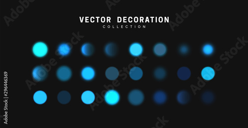 Glowing blue bokeh lights. Sparkles vibrant blurry round dots glow texture. Set of design elements.