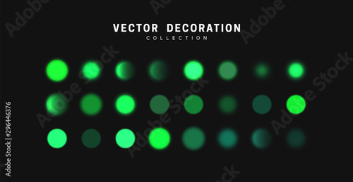 Glowing green bokeh lights. Sparkles vibrant blurry round dots glow texture. Set of design elements. © lauritta