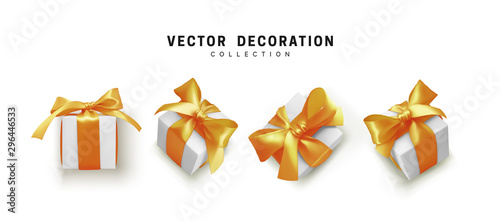 Set of gifts box. Collection realistic gift presents view top, side perspective view. Celebration decoration objects. Isolated on white background. vector illustration