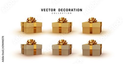 Set of gifts box. Collection realistic gift presents. Surprise boxes. Celebration decoration objects. Isolated on white background. vector illustration