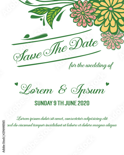 Template of invitation card save the date, with decoration of nature colorful wreath frame. Vector