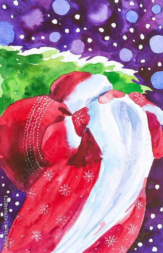 Watercolor illustration of Santa Claus with a bag of gifts and a Christmas tree on the background of the night sky with falling snow photo