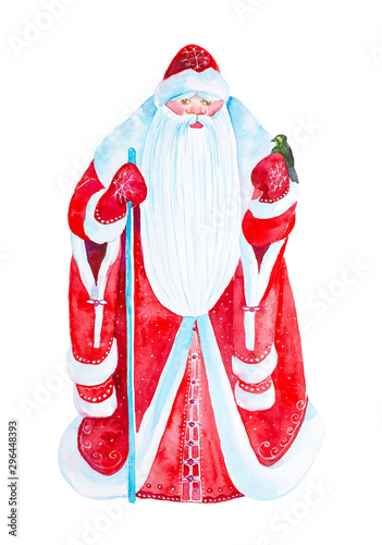 Watercolor illustration of Santa Claus with a staff. Bird Sparrow sitting on a mitten. Isolated on white background photo