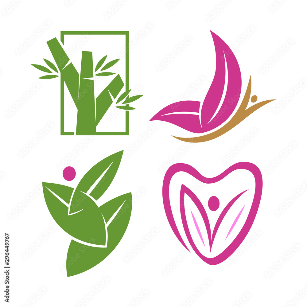 Nature spa logo Bamboo love leaf Design Icon vector Template set