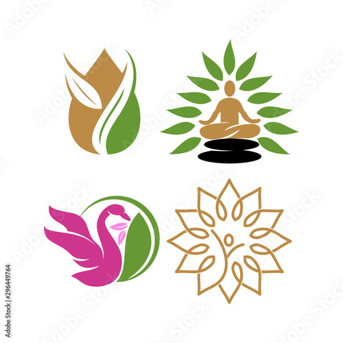 Nature spa logo Swan Yoga Leaf Design Icon vector Template set
