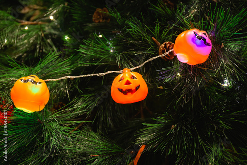 Pumpkins with lights decorated on trees at a Halloween party.