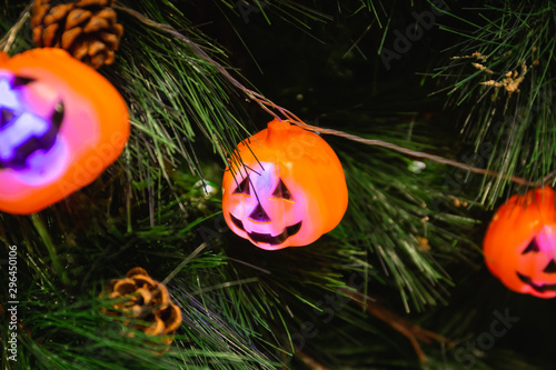 Pumpkins with lights decorated on trees at a Halloween party.