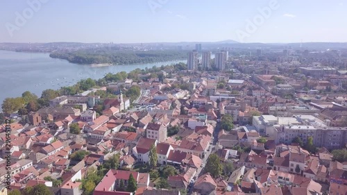 Descending establishing aerial shot of Old Zemun City, Belgrade Serbia photo