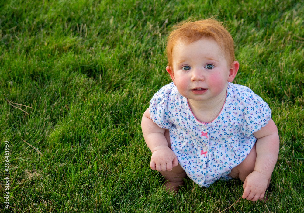 little redheaded baby girl in grass little redheaded baby girl in grass