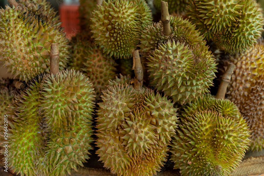 These are Thai Durian. Durian has been arranged on the shelf to be displayed to the buyer. We called The King of the fruit. These are Thai Durian. Durian has been arranged on the shelf to be displayed to the buyer. We called The King of the fruit.