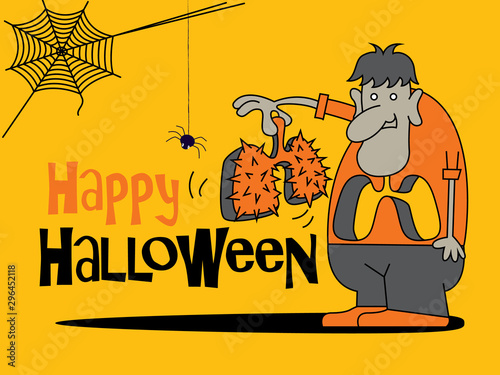 Happy Halloween. Cartoon monster holding a lung with thorns. Happy Halloween big lettering. Spidre-web background. - vector illustration