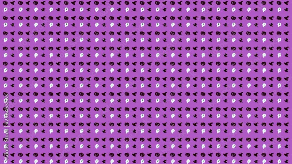 Halloween Pattern Combo of Pumpkin, Ghost, Witch Hat and Bat in Black, White and Purple Tiled Looping Motion Graphics Halloween Pattern Combo of Pumpkin, Ghost, Witch Hat and Bat in Black, White and Purple Tiled Looping Motion Graphics