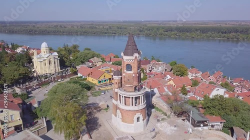 Static postcard aerial shot of Gardos Tower in Zemun Old city, Serbia 4k photo