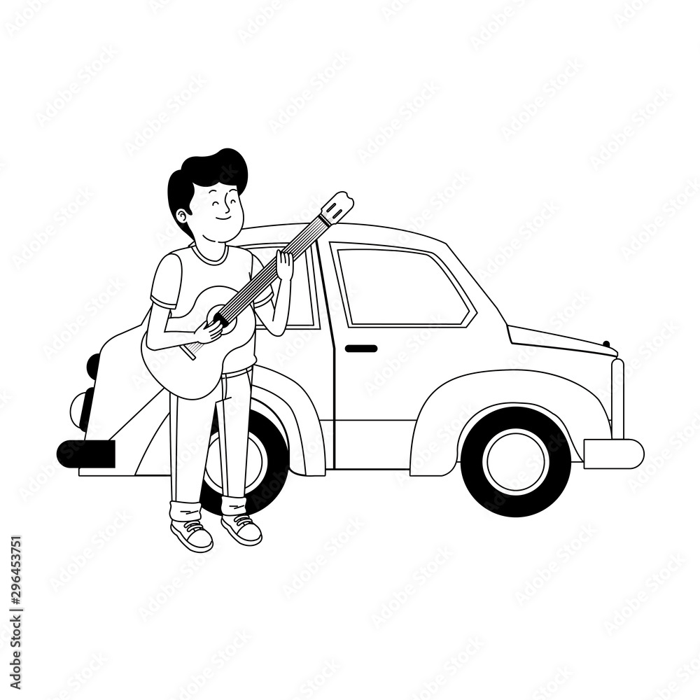 classic car and teenager boy with guitar classic car and teenager boy with guitar