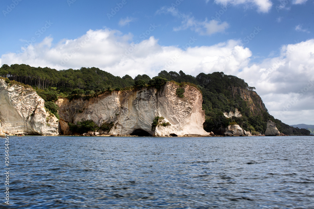 Cliffs and rock formations along the coastline of Cathedral Cove