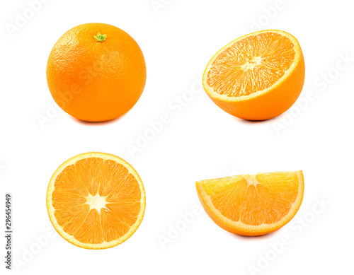 Orange fruit with half and sliced isolated on white background.