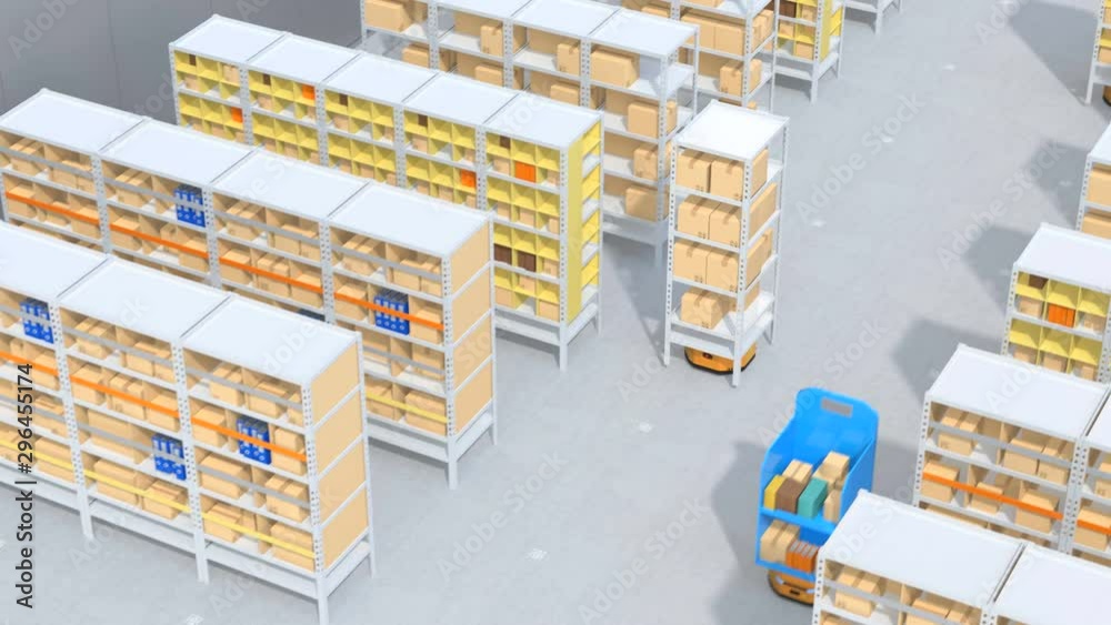 Autonomous Mobile Robots delivering shelves in distribution center. Intelligent logistics center concept. 3D rendering animation. Autonomous Mobile Robots delivering shelves in distribution center. Intelligent logistics center concept. 3D rendering animation.