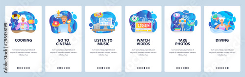 Mobile app onboarding screens. Leisure time and activities, watching tv series, cooking, listen music, go to cinema. Vector banner template for website and mobile development. Web site illustration photo