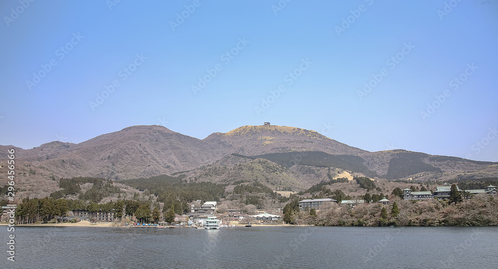 Kawaguchiko/๋Japan -April 2019 :  Beautiful view of the lake around Mount Fuji