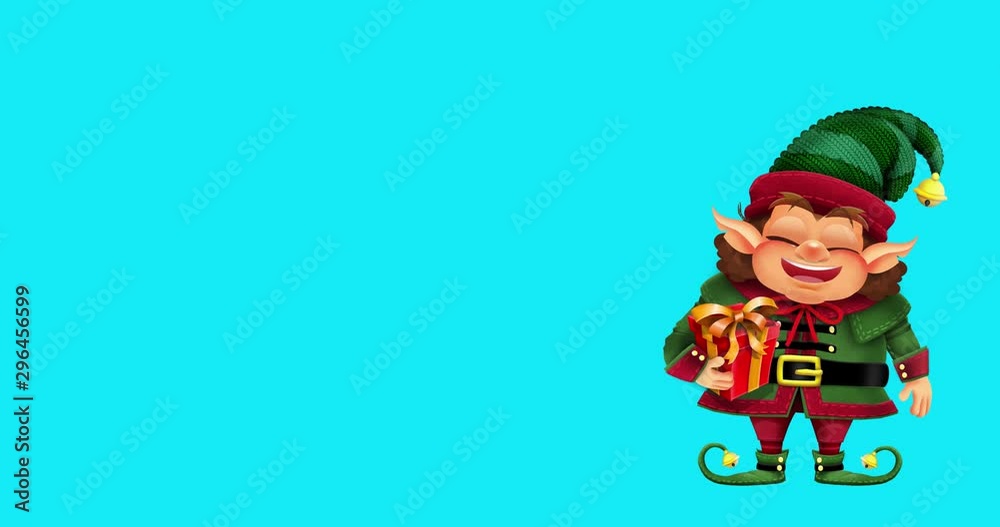 4k Animated illustration of happy Christmas elf holding present on easy to replace blue screen background 4k Animated illustration of happy Christmas elf holding present on easy to replace blue screen background