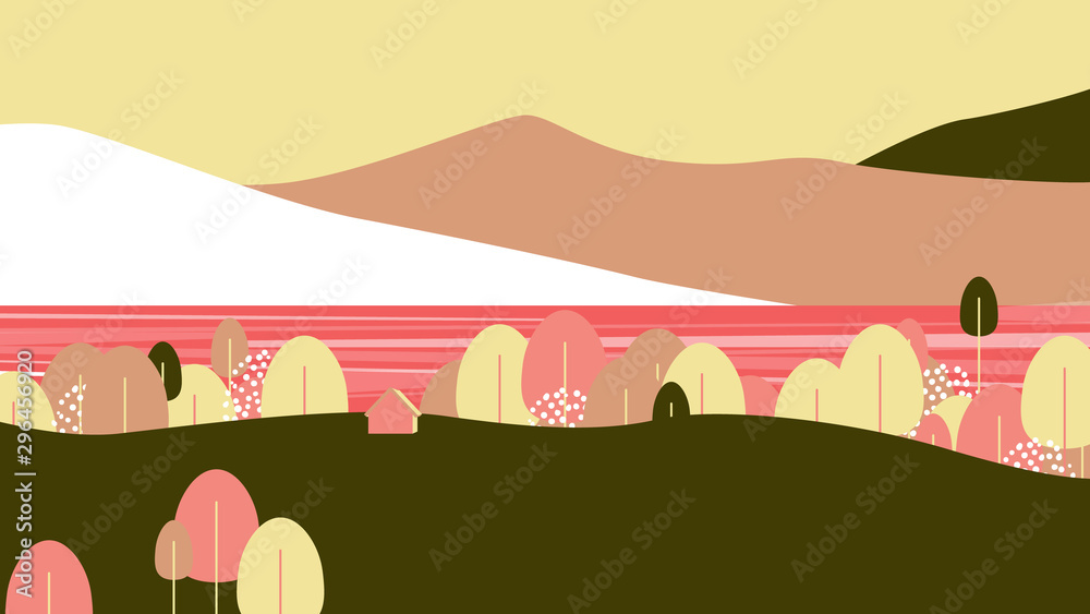 Lake landscape, small house on hill beside the lake with mountains behind in pink and brown tones