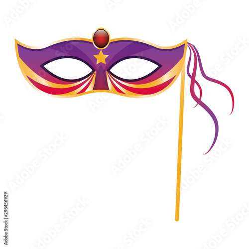 Mardi gras mask on stick icon over white background