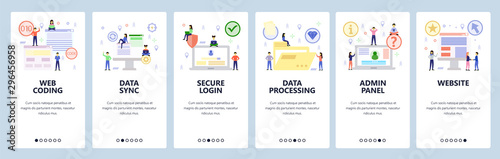 Mobile app onboarding screens. Web coding, cyber security, data sync and processing, admin panel login. Vector banner template for website and mobile development. Web site design flat illustration
