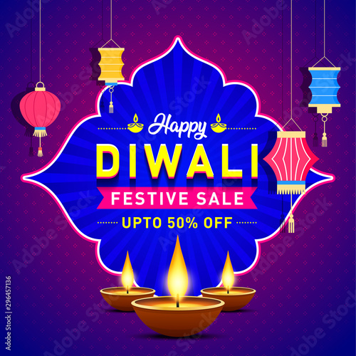 Happy Diwali Festive Sale Upto 50% Off Banner. Festival of Light, Sale Offer, Logo design, Sticker, Concept, Greeting Card Template, Icon, Poster, Unit, Label, Web, Mnemonic with Lights background.