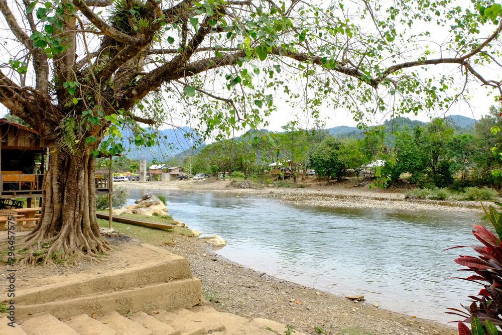 Beautiful landscape, Natural view of river, tree, and mountain in Thailand.