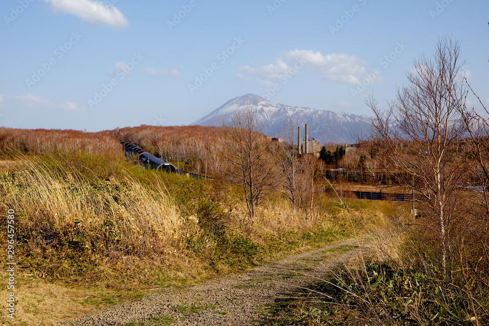 Lanscape of autumn season in Japan, overlooking the leaves change color, mountain and blue sky in park.  