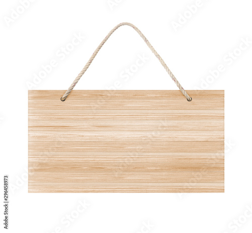 empty wooden sign frame with lope for hang on white background with clipping path