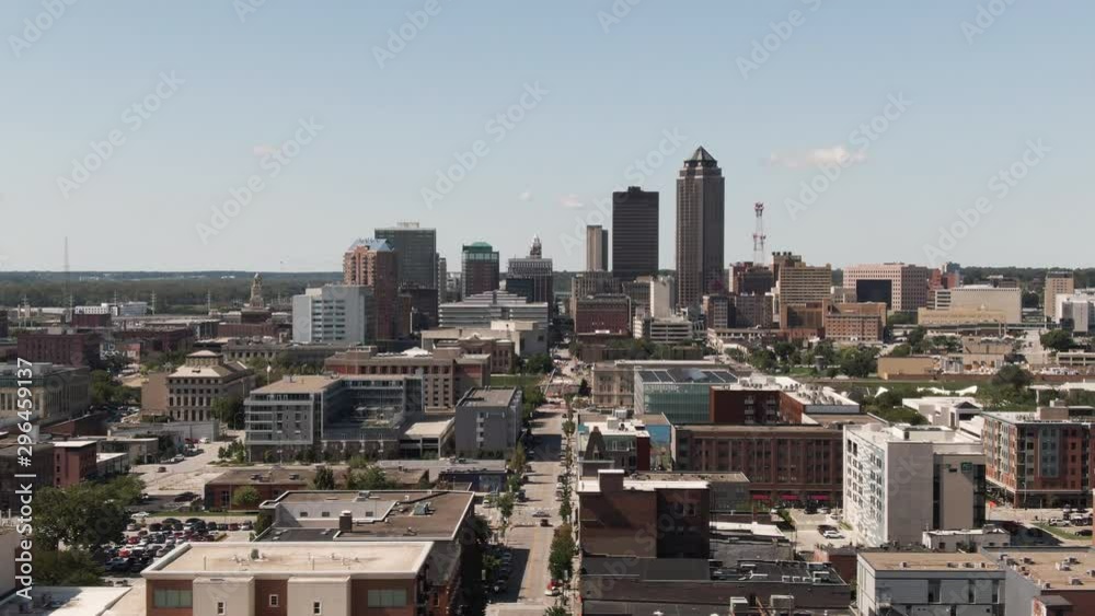 Wide angle aerial tracking shot of downtown Des Moines, Iowa on a clear summer day. Wide angle aerial tracking shot of downtown Des Moines, Iowa on a clear summer day.