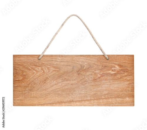 empty wooden sign with lope for hang on white background with clipping path photo