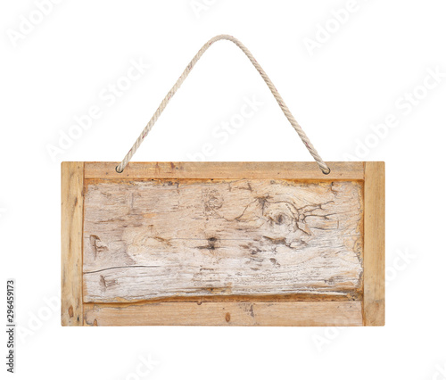 empty wooden sign with lope for hang on white background with clipping path photo