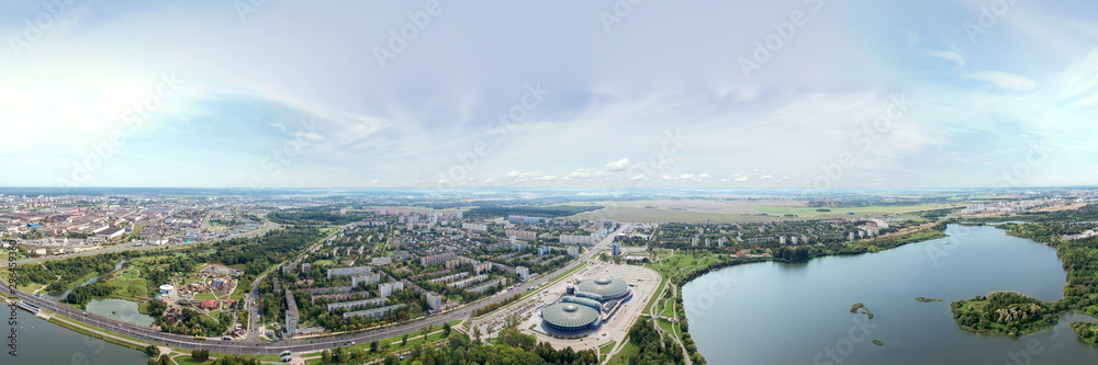 Panoramic aerial view, cityscape of Minsk. Covered skating-rink Chizhovka Arena.