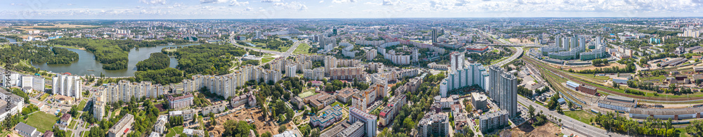 Aerial panoramic view, cityscape of Minsk. City landscape with the river Svisloch and Victory Park