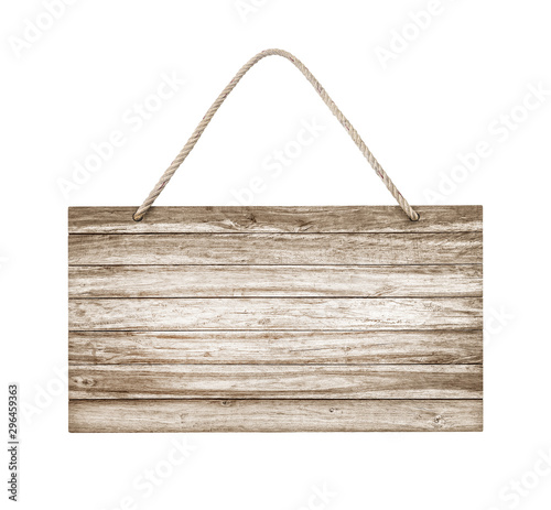 empty wooden sign frame with lope for hang on white background with clipping path photo