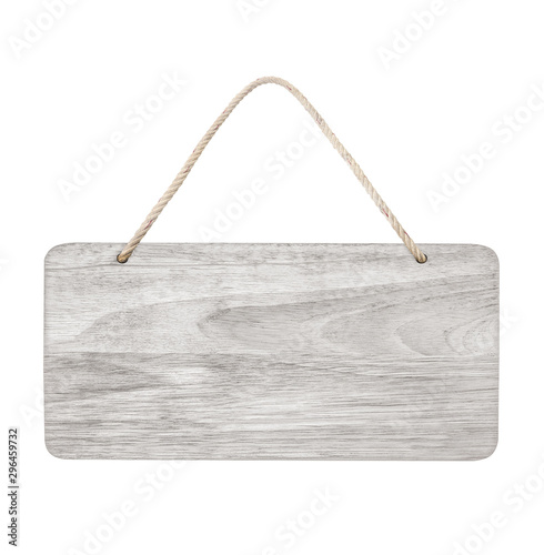 empty wooden sign frame with lope for hang on white background with clipping path photo